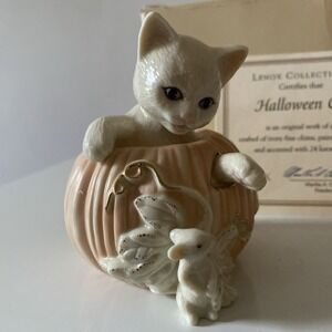 2000 Lenox Halloween Cat in Pumpkin Jack-O' Lantern Mouse 24k Gold Trim